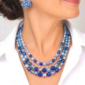 Vintage Laguna Blue Aurora Borealis Crystal Necklace and Earrings Set, 3 Strand Faceted Beads image 1