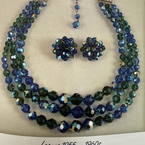Vintage Laguna Blue Aurora Borealis Crystal Necklace and Earrings Set, 3 Strand Faceted Beads image 8
