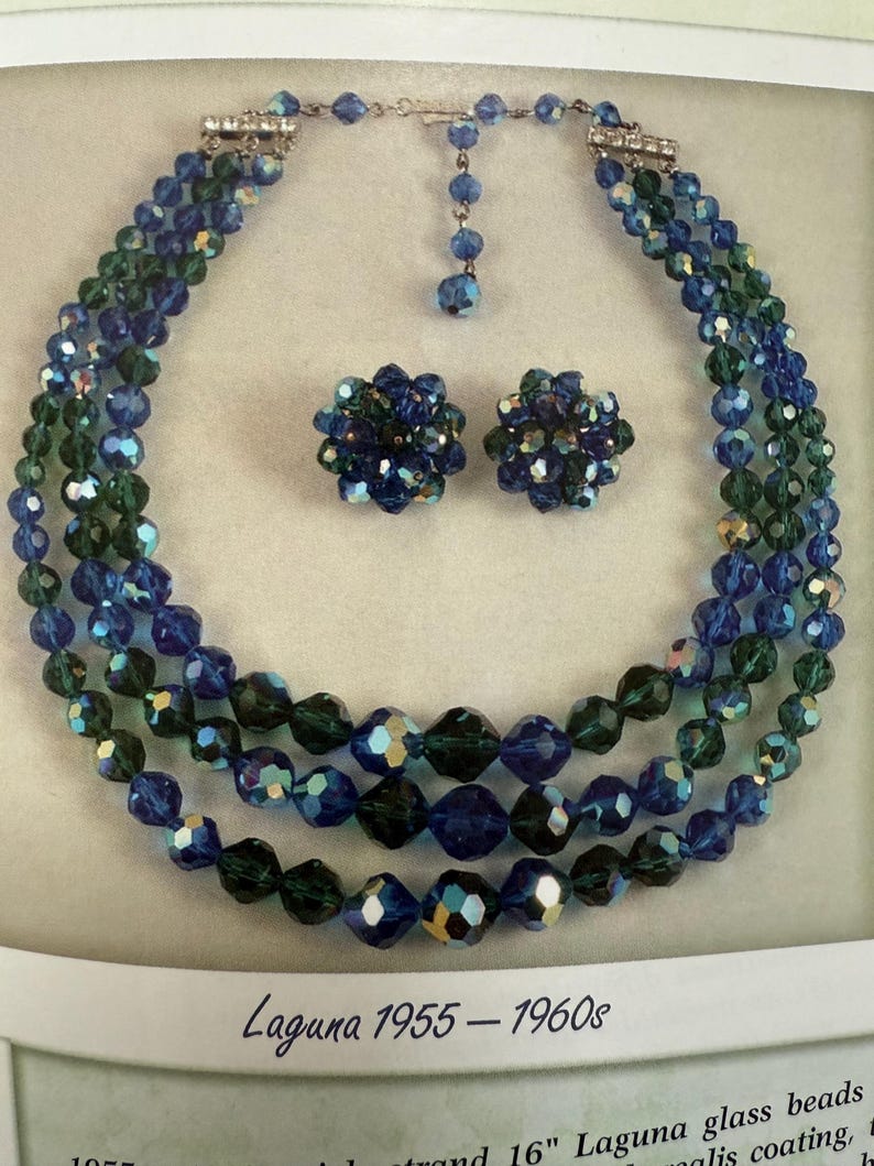 Vintage Laguna Blue Aurora Borealis Crystal Necklace and Earrings Set, 3 Strand Faceted Beads image 8