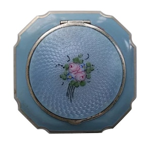 La Mode Blue Guilloche Enamel Rouge Powder Compact, Vintage Powder Compact, Guilloche Enamel Powder Compact
