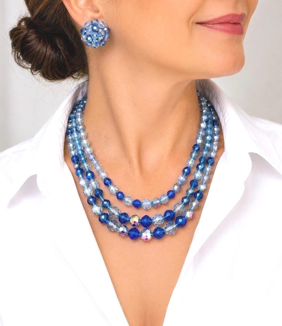 Vintage Laguna Blue Aurora Borealis Crystal Necklace and Earrings Set, 3 Strand Faceted Beads
