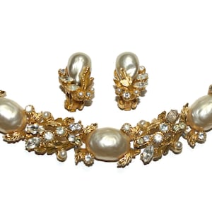 Signed ART Faux Pearl Rhinestone Bracelet Earrings Set, Pearl Set, Bracelet Earrings Set, Gifts for Her, Wedding Jewelry