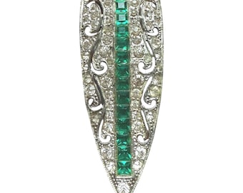 Vintage Art Deco Green Rhinestone Dress Clip Fur Clip Silver Tone Clear Rhinestones Statement Brooch 1930s Style No U.S. Tariffs