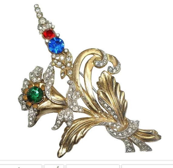 Vintage Rhinestone Floral Brooch: Gold Tone Spray Pin, 1930s Jewelry