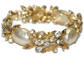 Signed ART Pearl Rhinestone Bracelet Earrings Set Vintage Gold Tone Wedding Jewelry Baroque Faux Pearl No U.S. Tariff
