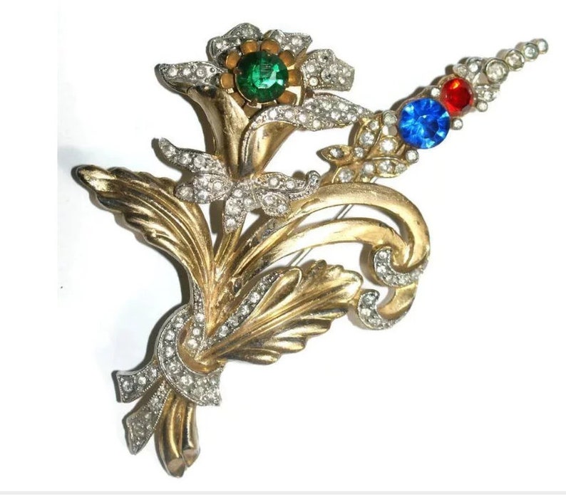 Floral Pot Metal Rhinestone Brooch Pin 1930/'s