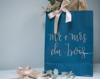 Blue personalised handwritten Gift Bag with black, white, gold or silver modern calligraphy. Christmas, Birthdays, Hens, Bridal party