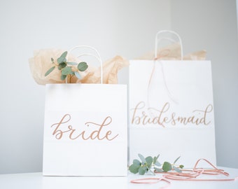 White personalised handwritten customised gift bag with black gold or silver modern calligraphy. Christmas Birthdays Hens Bridal Party