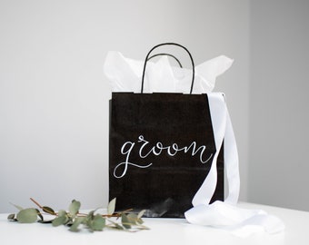 Black Gift Bag personalised handwritten with white, gold or silver modern calligraphy. Christmas, Birthdays, Hens, Groom, Bridal party