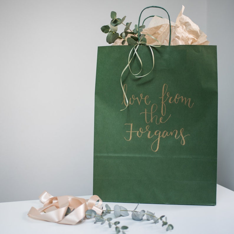 Dark Green Gift Bag personalised handwritten with black, white, gold or silver modern calligraphy. Christmas, Birthdays, Hens, Bridal party image 2