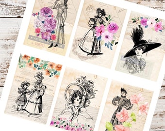 Etiquetas de pendurar florais da Lady Vitoriana: Folha de colagem ATC para impressão (download digital)
