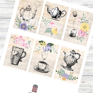 Printable Tea Party Tags, Tea cup hang tags, Tea pot atc tags, Junk Journal tea tags