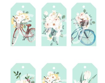 Spring Hang Tags, Instant Download, Printable Spring hang tags, Floral Bicycle Printable Tags, Vintage Bicycle