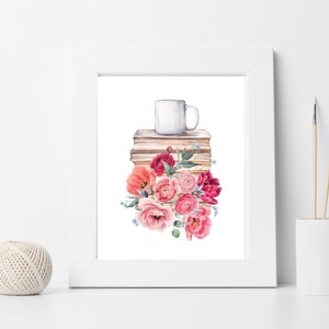 Coffee and Books Watercolor Art Print: Library Wall Decor (Digital Download)
