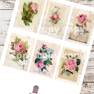 Etiquetas penduradas de rosas francesas gastas, etiquetas de rosas imprimíveis ATC, etiquetas de cartão postal de rosa francesa vintage