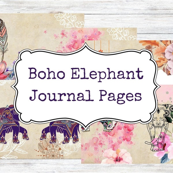 Bohemian Elephant Journal pages, Printable boho elephant sheet, Indian Elephant artwork, elephant junk journal