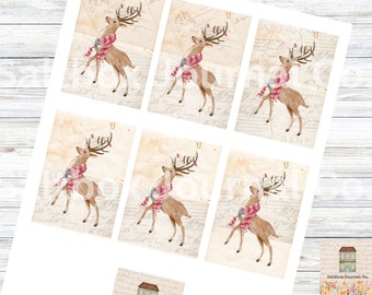 Reindeer Gift Tags, Printable Reindeer Tags, Watercolor Reindeer Hang Tags, Junk Journal Tags, ATC Christmas tags, Christmas Tags