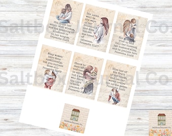 Schriftkaarten Moederdag: Spreuken 31 aquarellabels (digitale download)