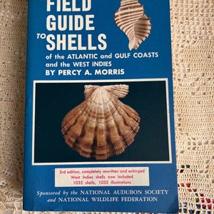 May include: A Field Guide to Shells book with a blue cover featuring shell illustrations. The title is in white, with the author's name and the book's focus on Atlantic and Gulf Coasts and West Indies shells. The book is part of the Peterson Field Guide Series.