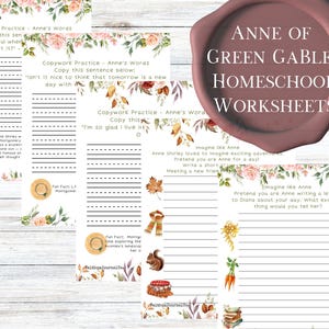 Könnte beinhalten: Arbeitsblätter für den Heimunterricht mit Zitaten und Aktivitäten aus "Anne of Green Gables". Die Seiten haben florale und herbstliche Illustrationen. Der Text enthält "Copywork Practice" und "Imagine like Anne."