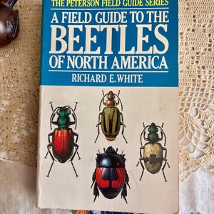 May include: A vintage field guide titled "A Field Guide to the Beetles of North America" by Richard E. White. The cover features illustrations of various beetles and is sponsored by the National Audubon Society.