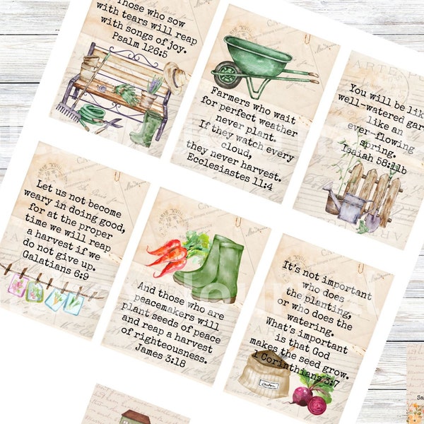 Printable Scripture Cards, Garden Tags, Gardening Hang Tags, Bible Journaling, Christian Junk Journal, Scripture Gift Tags