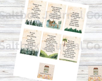 Könnte beinhalten: Satz von sechs druckbaren Karten mit inspirierenden Zitaten und Aquarell-Illustrationen. Die Zitate stammen aus der Bibel und beinhalten Verse über Liebe, Angst, Stärke und Glauben. Die Illustrationen zeigen einen Wald, Hirsche und einen Baum.