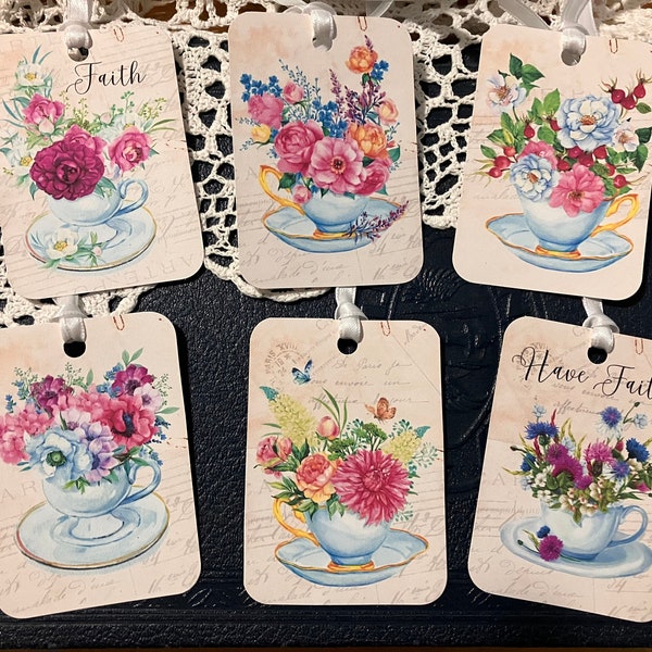 Faith Hang Tags, Teacup Gift Tags, Bible Journaling, Christian Gift, Hygge Tags, Roses and Teacups, Junk Journal, Ladies Conference Favors