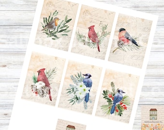 Winter Bird Gift Tags, Winter Bird Journal Tags, Printable Bird Tags, Junk Journal Tags, Bird Bookmarks, Bird ATC, woodland party favors