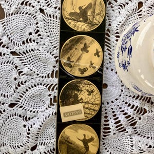 Vintage Barlow Bird Coasters Set of 4, 1980s Wooden Coasters in Original Packaging, Game Bird Series w/ Woodcock, Quail, Grouse, Pheasant