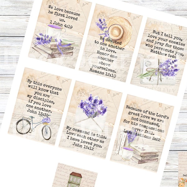 Printable Scripture Cards, Scriptures on Love, Lavender Tags, Lavender Hang Tags, Bible Journaling, Christian Junk Journal, Love Gift Tags