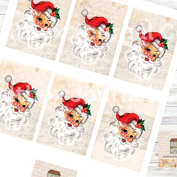 Santa Gift Tags, Printable Christmas Gift Tags, Jolly Santa Gift Tags, Junk Journal Tags, Retro Santa, Vintage Santa Tags, Holiday Tags