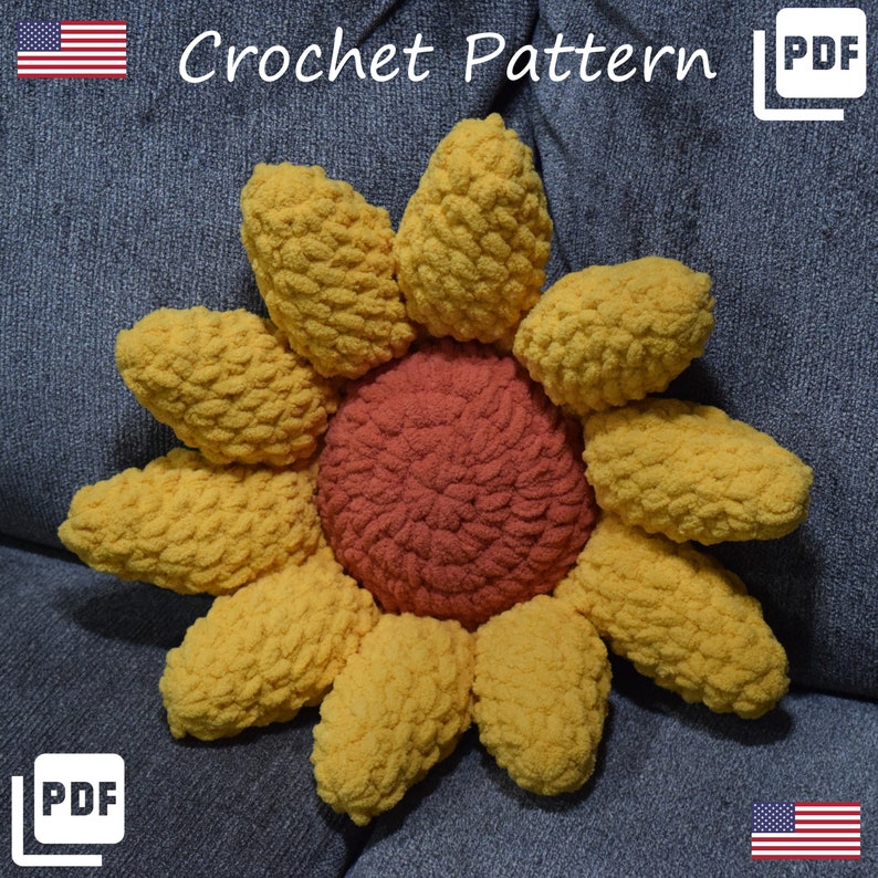 Sunflower Plush Pillow crochet pattern listing photo by DoctorJCrochet