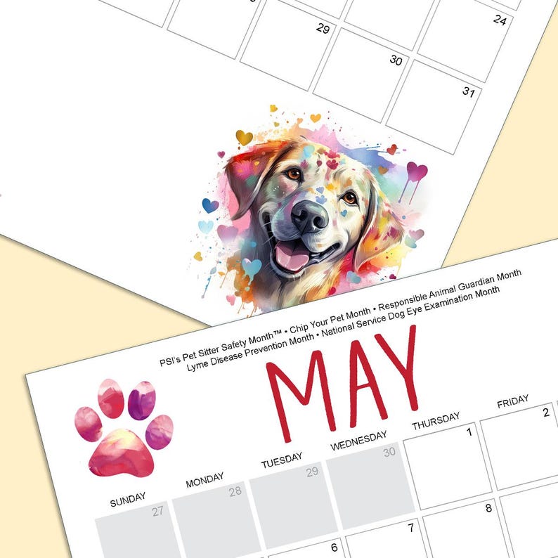 2025 Watercolor Dog Printable Calendar Bundle Vibrant Dog Art With