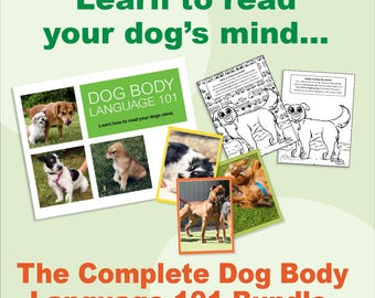 Dog Body Language 101-bundel: digitale gids, flitskaarten en kleurboeken voor gezinnen van hondenliefhebbers