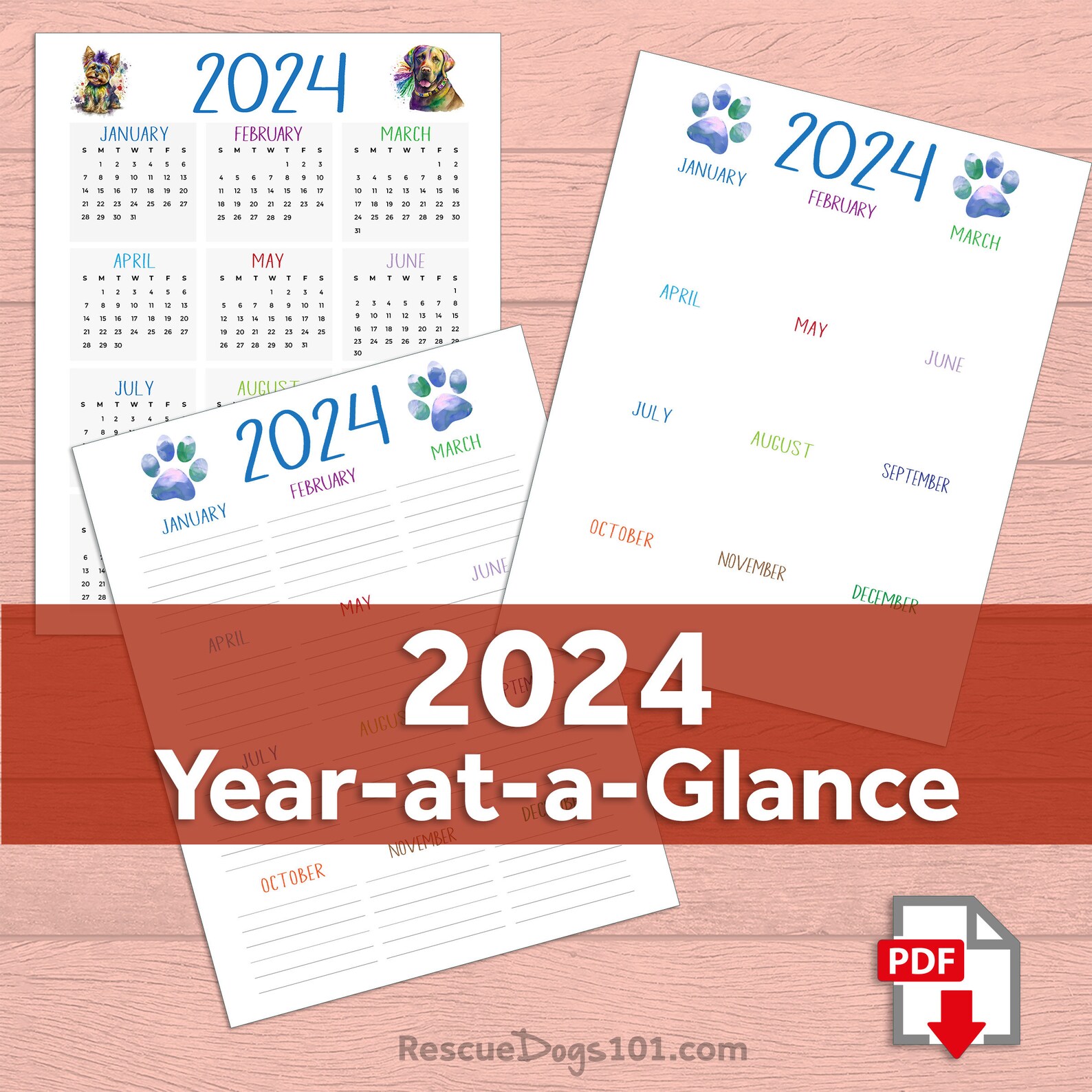 2024 Watercolor Dog Printable Calendar Bundle PDF Form Fillable Monthly