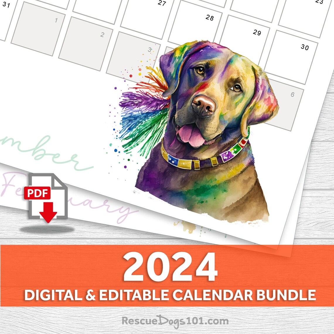 2024 Watercolor Dog Printable Calendar Bundle PDF Form Fillable Monthly
