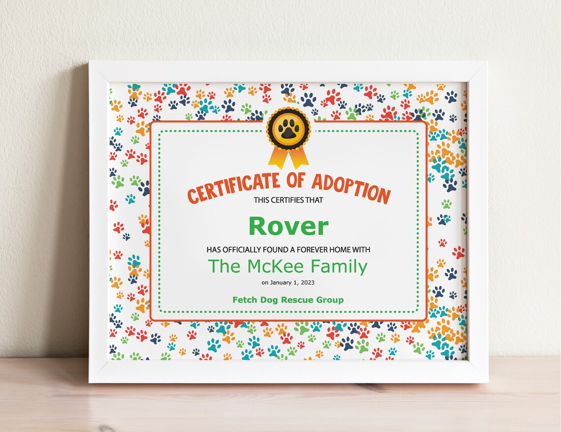Puppy Dog Adoption Certificate Printable, Perfect for Your Rescue Dog ...