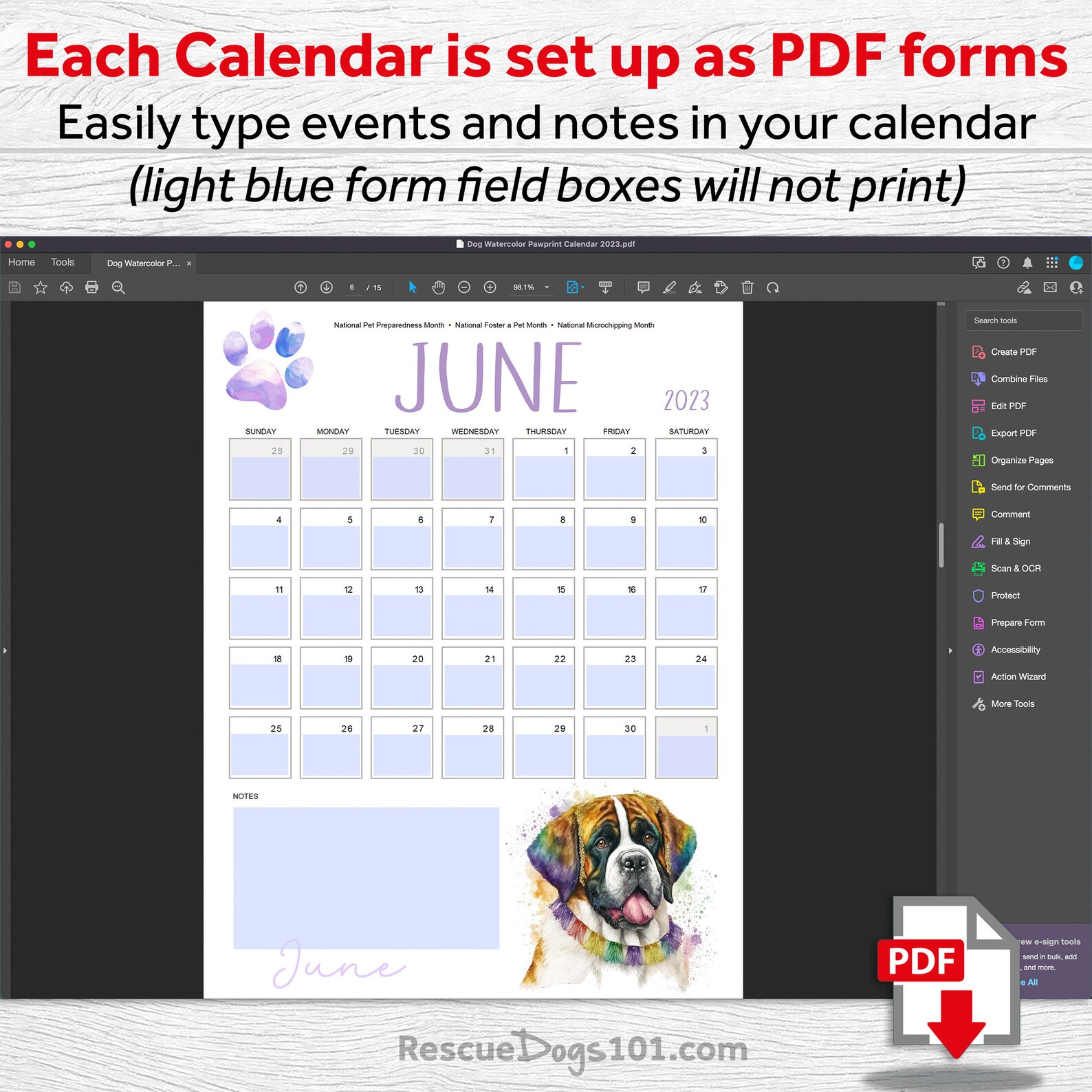 2024 Watercolor Dog Printable Calendar Bundle PDF Form Fillable Monthly ...