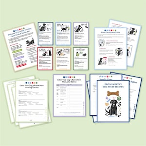 May include: A dog training kit with flashcards and recipe cards. The flashcards feature illustrations of dogs performing actions like "Sit," "Walk," and "Wave." The kit includes a training tracker, motivator matrix, and recipe cards for dog treats.
