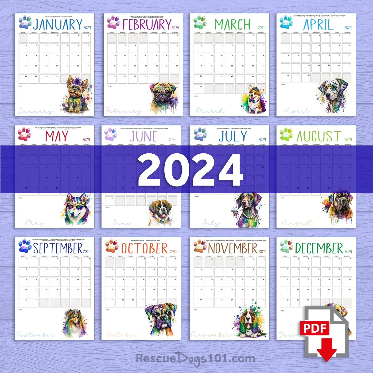 2024 Watercolor Dog Printable Calendar Bundle PDF Form Fillable Monthly ...