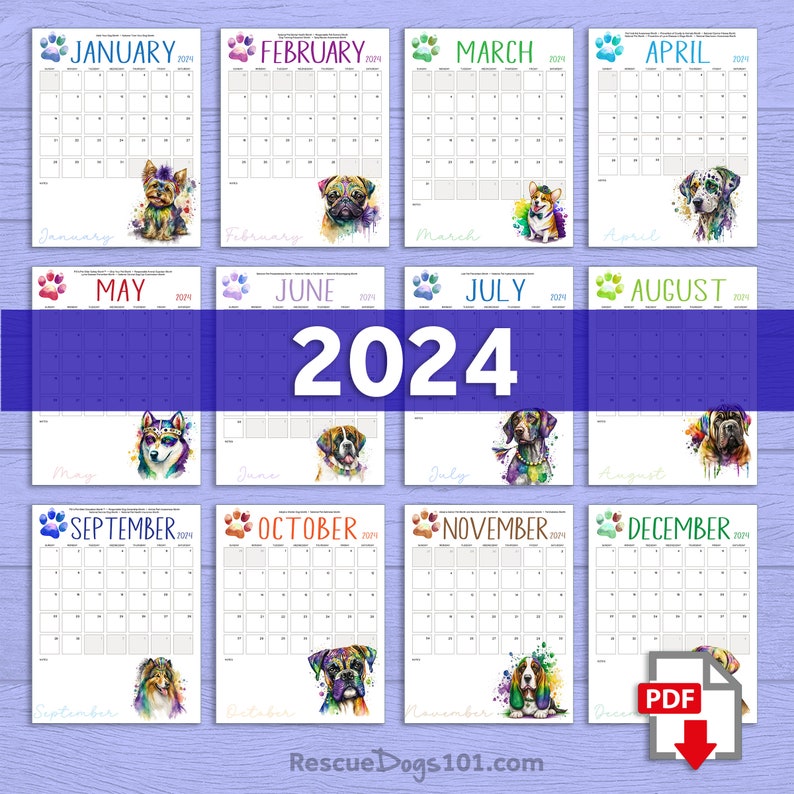 2025 Watercolor Dog Printable Calendar Bundle PDF Form Fillable Monthly