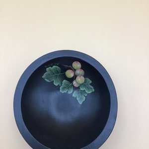 Hand Painted Decorative Wooden Bowl Folk Art Decor Country Farmhouse Grapes Kitchen Black Display Serving Piece Fruit Acrylic