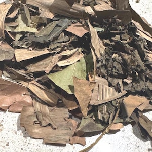 May include: A pile of dried, brown, and green leaves on a white, speckled surface. The leaves are various shapes and sizes, and some are curled up.