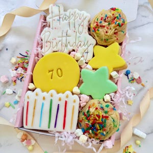 Funfetti vanilla birthday gift treat box of cookies, decorated personalised birthday biscuits