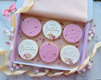 Happy birthday biscuits gift, box of personalised decorated cookies