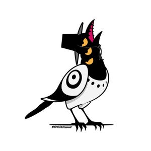 May include: A cartoon illustration of a bird with black and white feathers, a black head, and yellow eyes. The bird has a unique design with a square-shaped head and a pink, jagged crest. The bird is standing on a white background. The text "@StickerChamp" is at the bottom.
