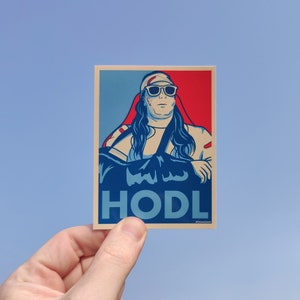 May include: A blue and red sticker featuring a cartoon image of a person wearing sunglasses and a bandana. The person is sitting in a car and the text "HODL" is printed below the image.