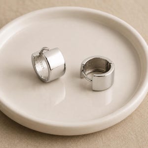 May include: A pair of small, polished silver-tone hoop earrings with a wide, thick band design. Each earring features a hinged closure mechanism and is stamped with the text S925 on the inner surface, indicating the metal composition of the jewelry.