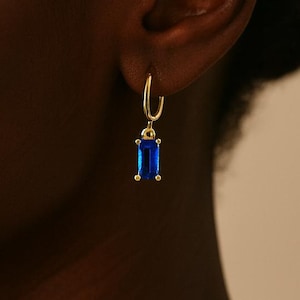 Sapphire Blue Baguette CZ Hoop Earrings • Gold Plated Sterling Silver • Dainty Huggie Dangle Earrings